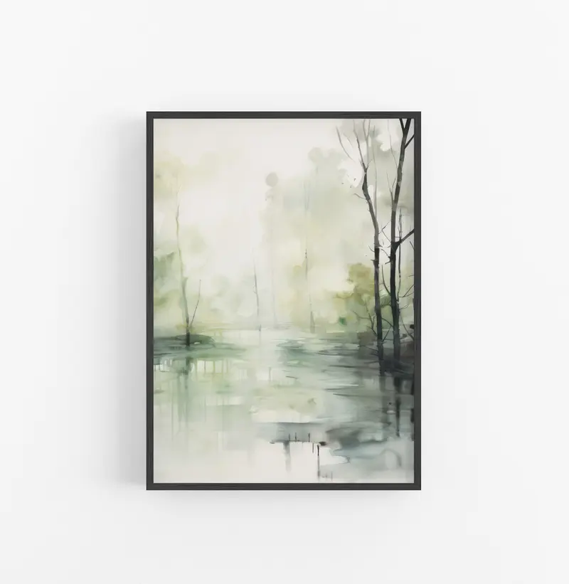 Cuadro con Marco Eclectic Acuarela Neblina Verde Gris