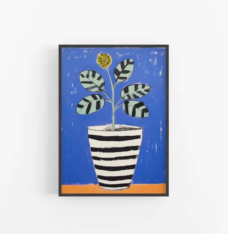Cuadro con Marco Eclectic Botanico Abstracto Azul Negro Amarillo