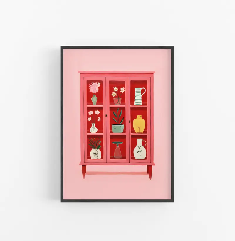 Cuadro con Marco Eclectic Decorativo Jarrones Flores Rosa Rojo