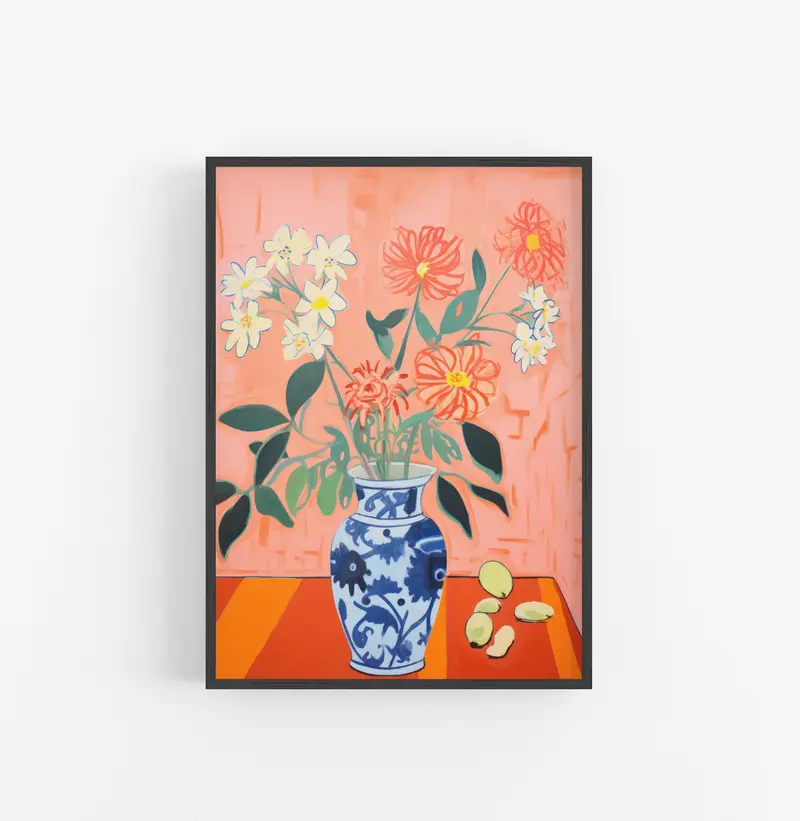 Cuadro con Marco Eclectic Floral Jarron Azul Naranja Rosa