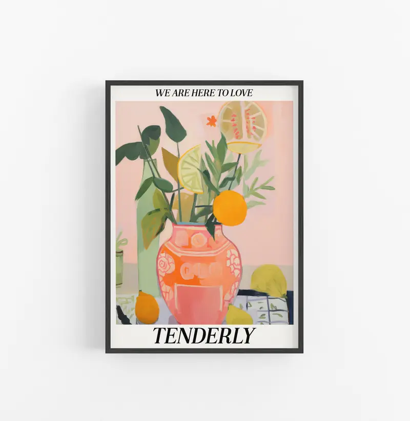 Cuadro con Marco Eclectic Flores Frutas Naranja Verde Rosado