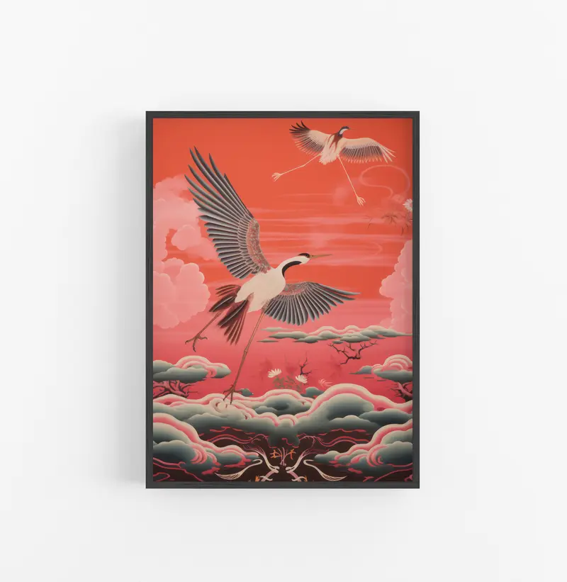 Cuadro con Marco Eclectic Grullas Asiatico Rojo Gris