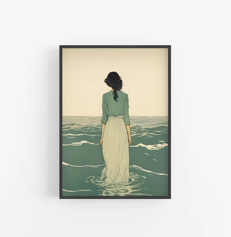 Cuadro con Marco Eclectic Minimalista Fondo Mar Verde Azulado Crudo