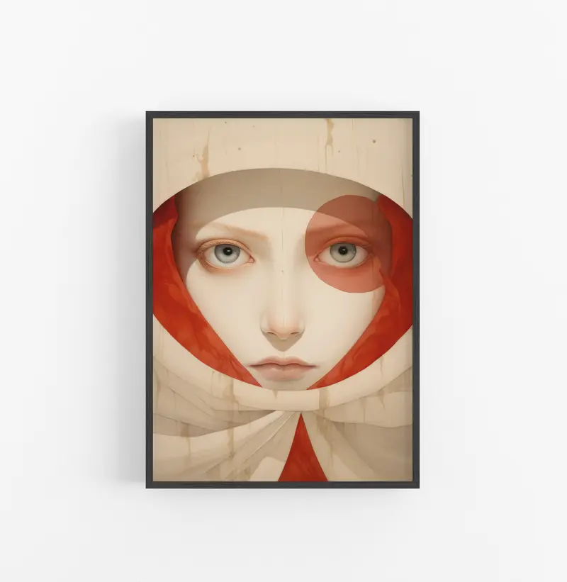 Cuadro con Marco Eclectic Rostro Abstracto Rojo Crema