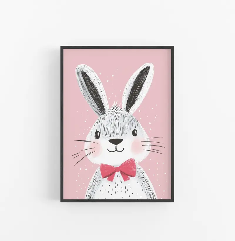 Cuadro Dibujo Infantil Conejo Rosa Rojo