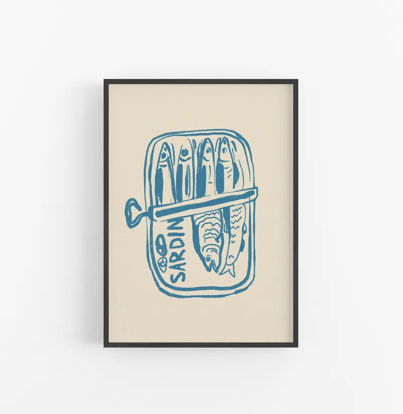 Cuadro Dibujo Tinta Azul Sardinas Latas