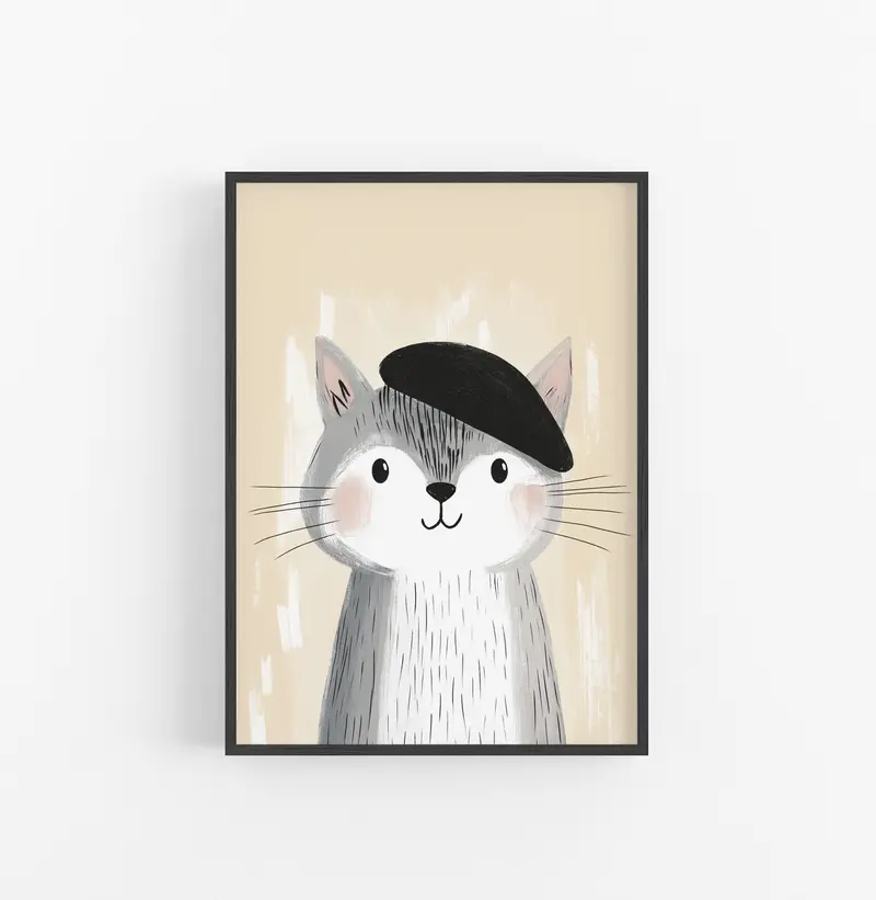 Cuadro Gato Ilustracion Ninos Gris Negro
