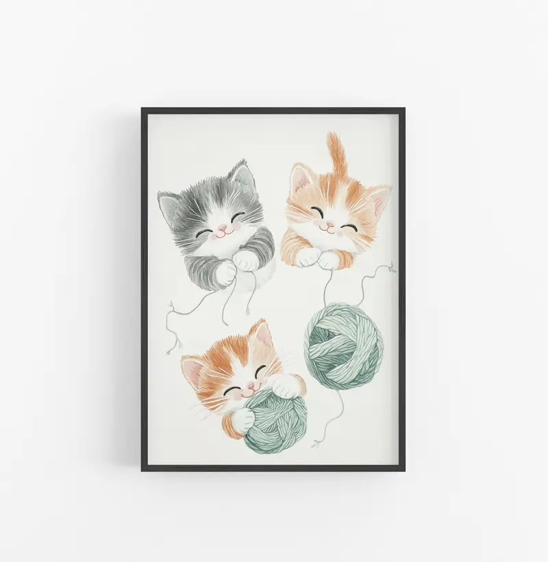 Cuadro Gatos Juguetones Verde Naranja Gris