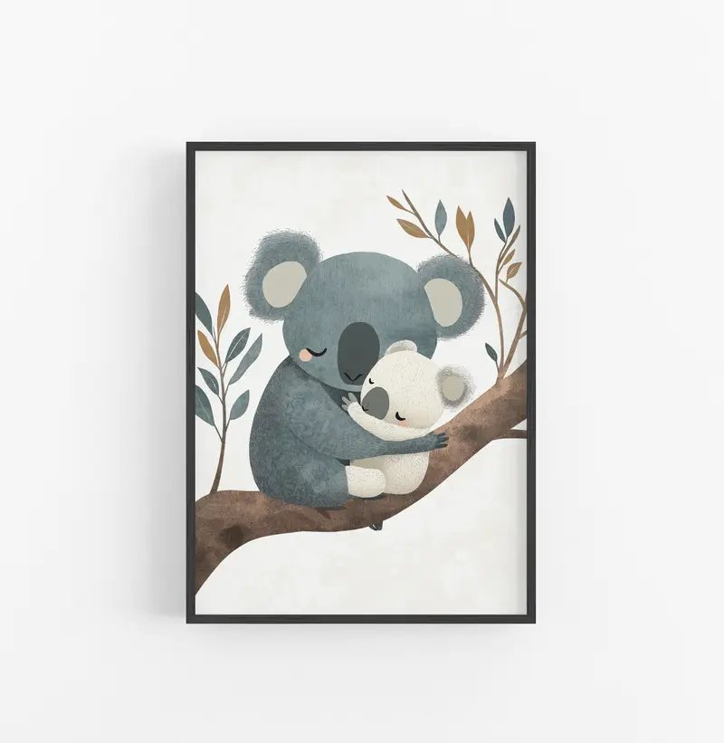 Cuadro Ilustracion Tiernos Koalas Azul Gris