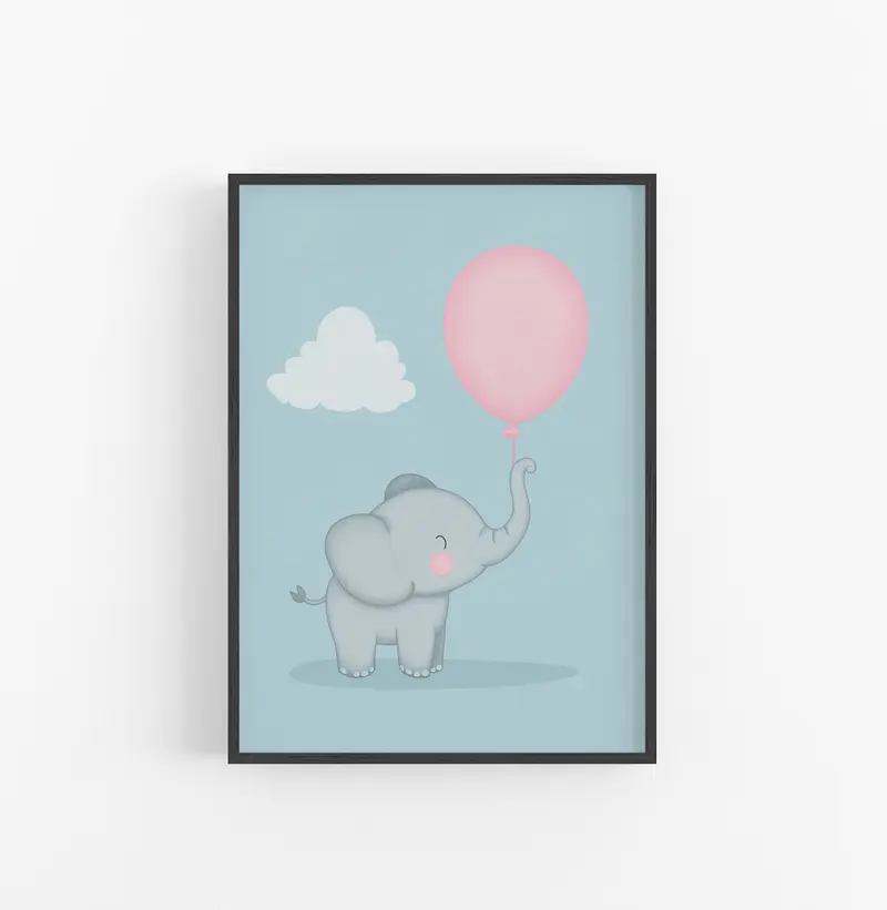 Cuadro Infantil Elefante Globo Rosado Azul