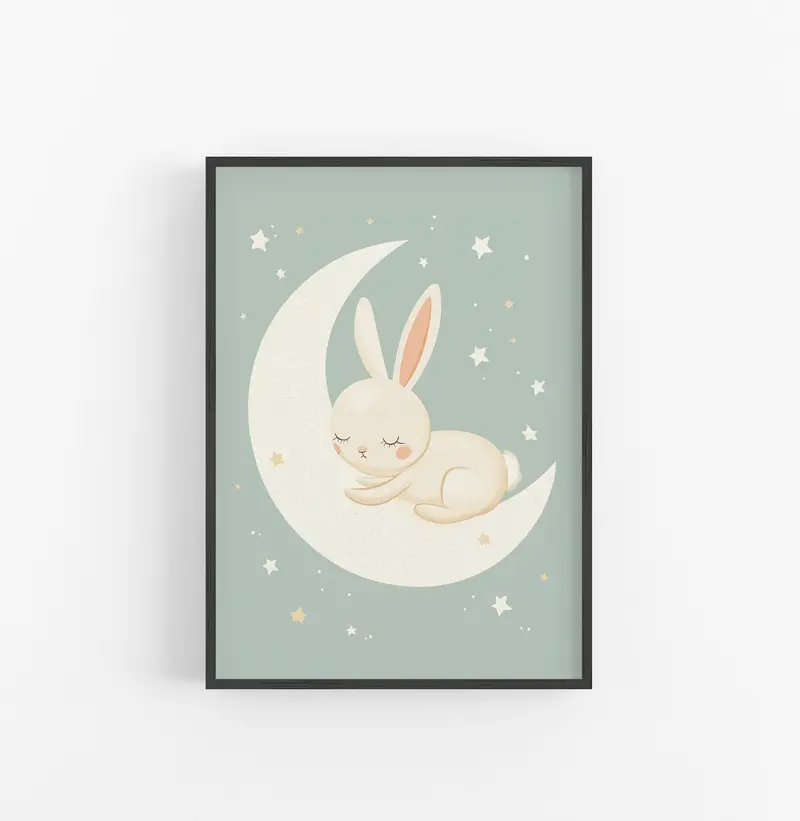 Cuadro Infantil Luna Conejo Gris Crema