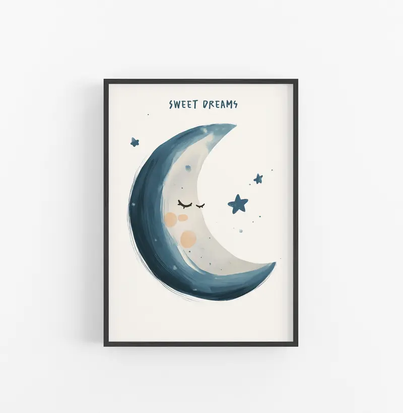 Cuadro Luna Dormida Estrellas Azul Crema
