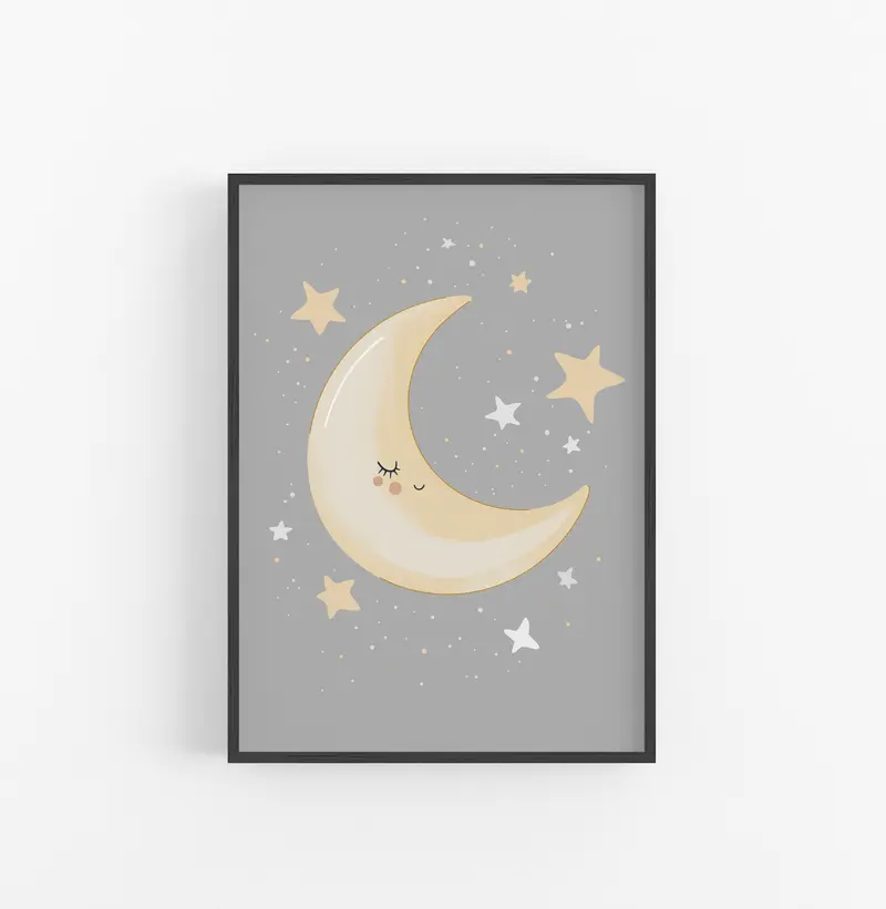 Cuadro Luna Dormida Estrellas Crema Gris