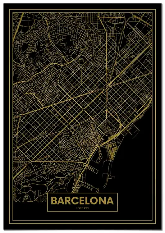Cuadro Mapa Barcelona Color Oro