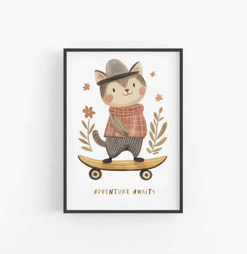 Cuadro Mapache Monopatin Ilustracion Vintage Ocre Terracota