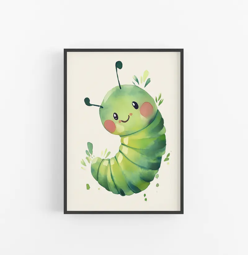 Cuadro Oruga Aguarela Verde Rosa