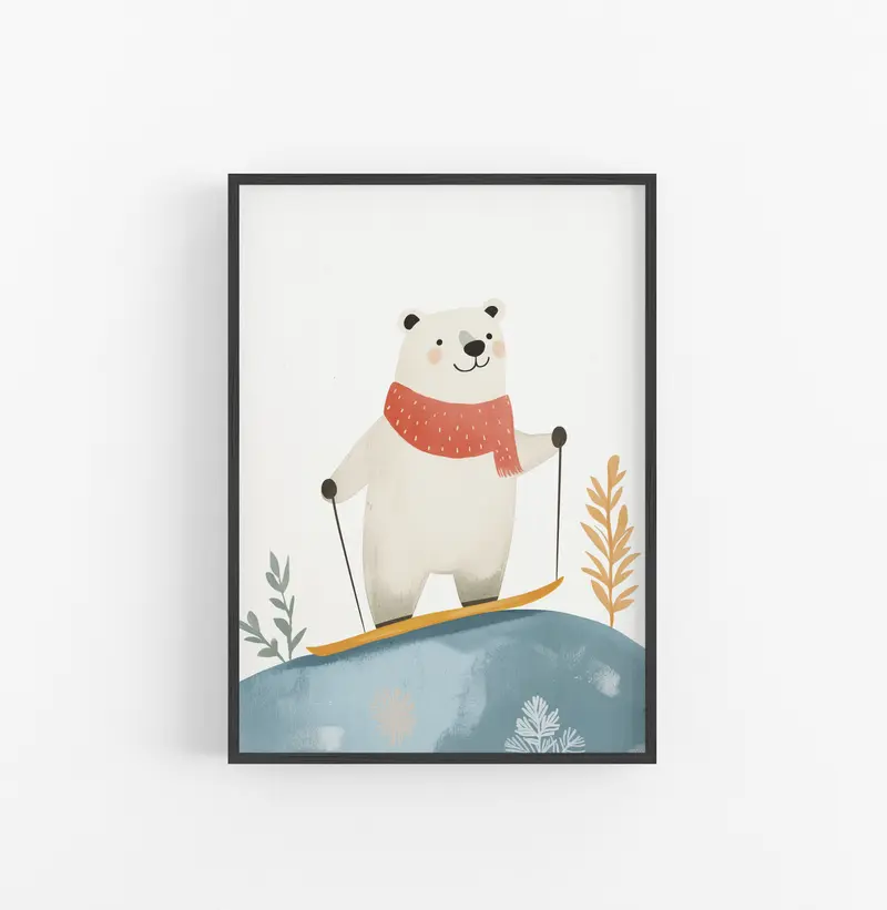 Cuadro Oso Esqui Nieve Azul Naranja