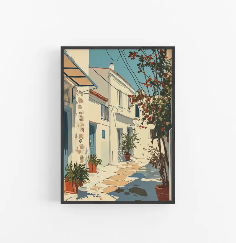 Cuadro Paisaje Calle Blanca Azul Rojo