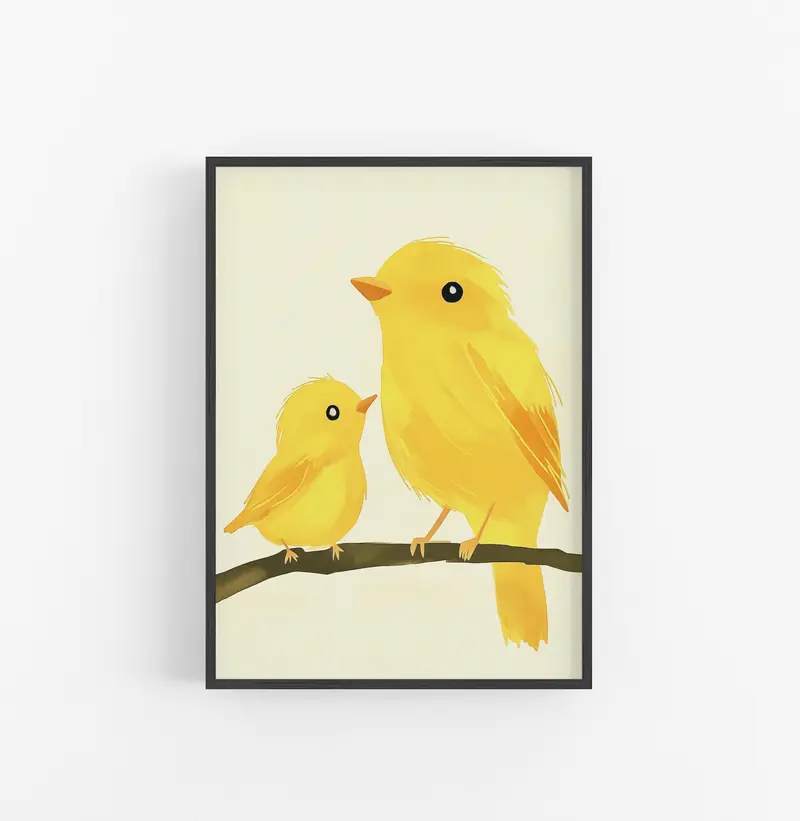 Cuadro Pajaros Ilustracion Amarillo Marron