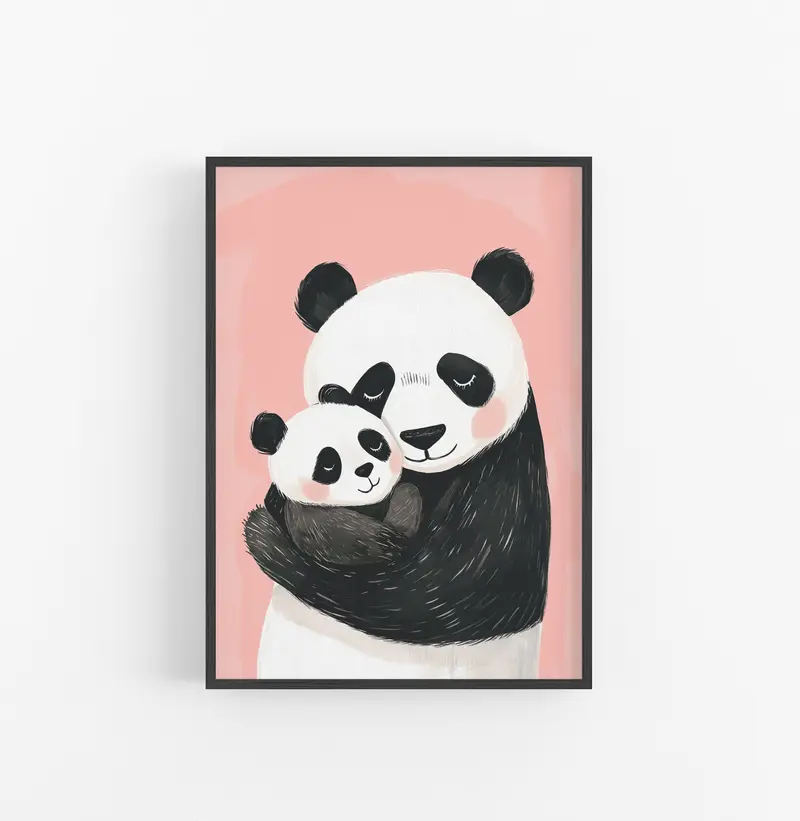 Cuadro Pandas Mami con bebe Negro Blanco Rosa