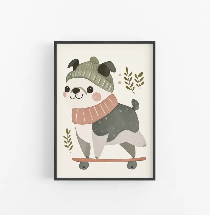 Cuadro Perro Ilustracion Infantil Verde Rosado