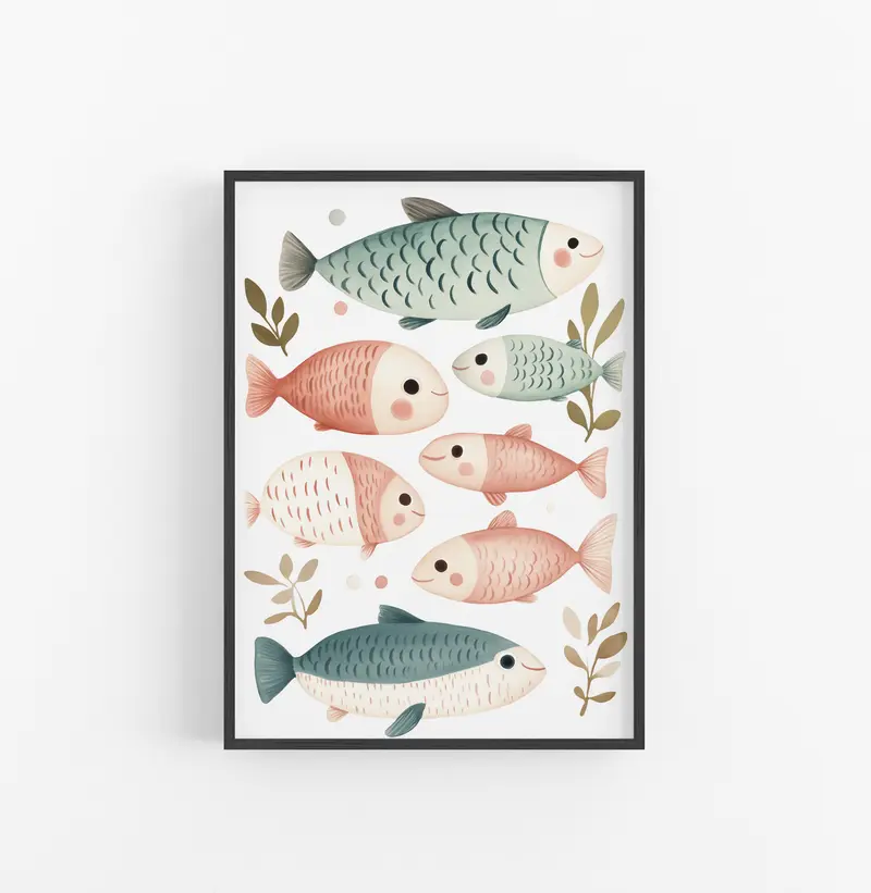 Cuadro Pescado Acuarela Suave Rosa Azul