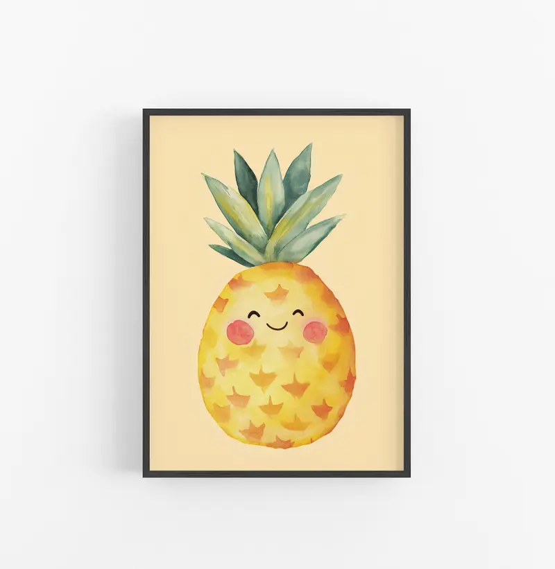 Cuadro Piña Acuarela Caricatura Amarillo Verde