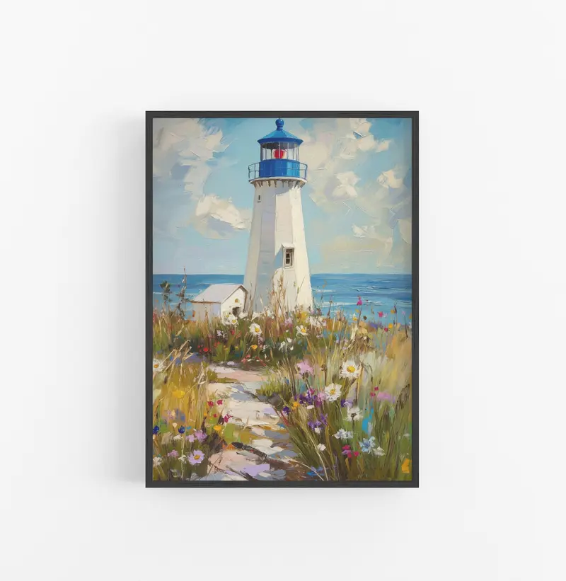 Cuadro Pintura Impresionista Faro Azul Blanco