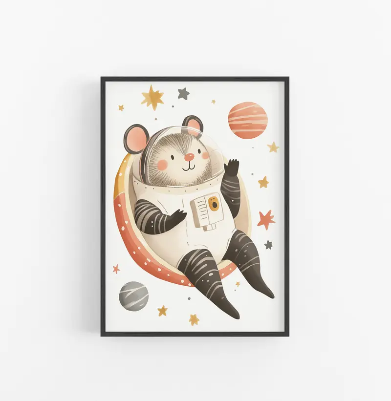 Cuadro Raton Espacial Ilustracion Beige Naranja