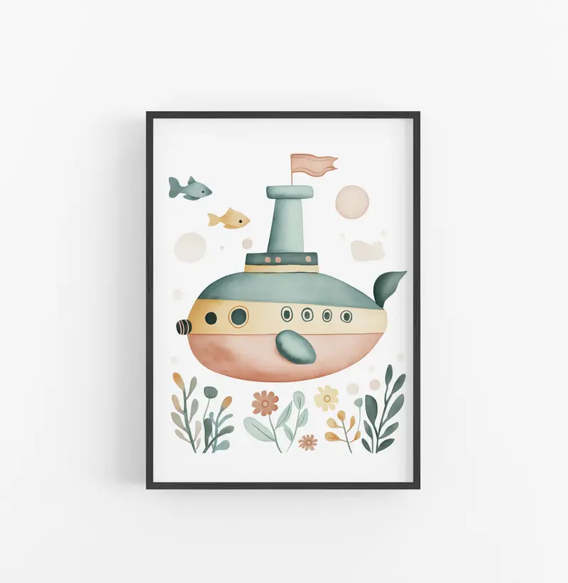 Cuadro Submarino Floral Acuarela Verde Ocre