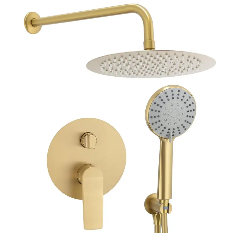 Ducha empotrada a pared redonda de 2 vías con rociador de 20 cm en oro mate y PVD Vaca de Valaz