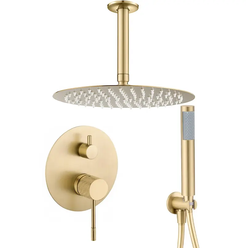 Ducha empotrada a techo monomando redonda con maneta luxury y rociador de 25 cm en oro mate Torina de Valaz
