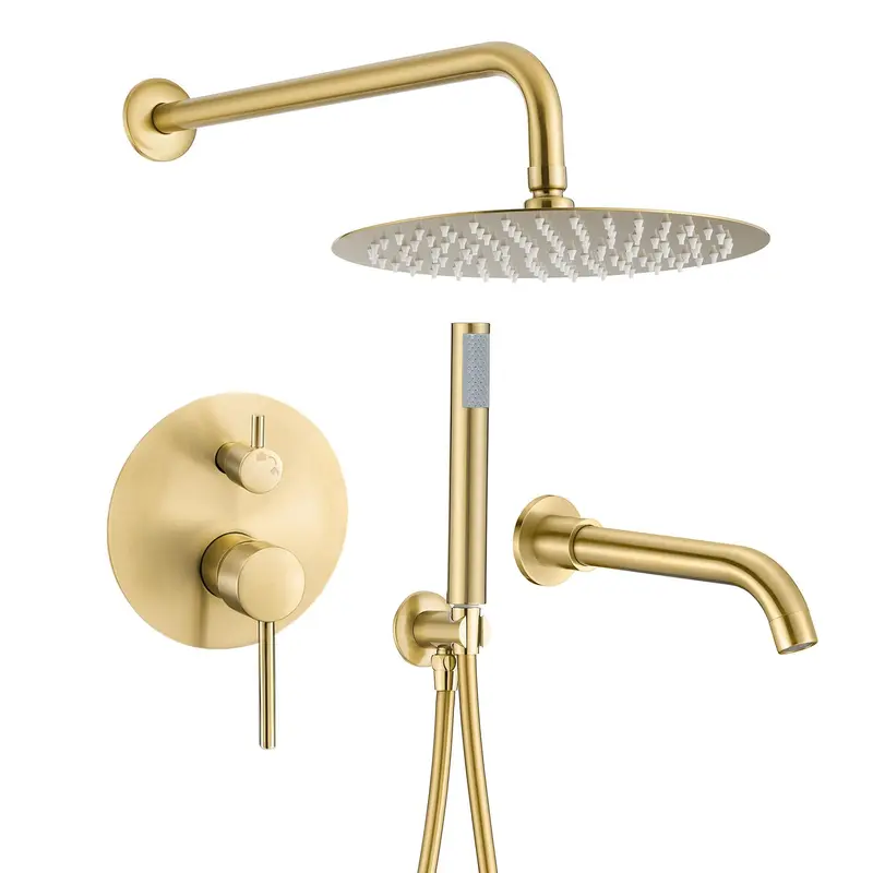 Ducha empotrada de bañera monomando de 3 vías con caño de 21 cm y rociador de 20 cm en oro mate y PVD Júcar de Valaz