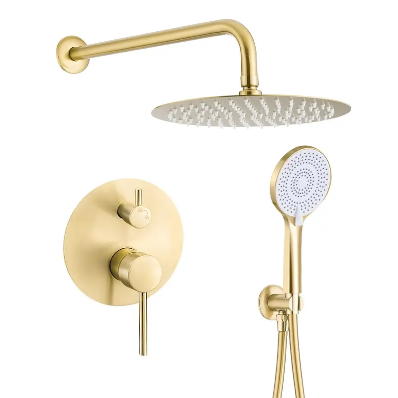 Ducha empotrada monomando a pared redonda con maneta ancha y rociador de 25 cm en oro mate y PVD Cabriel de Valaz