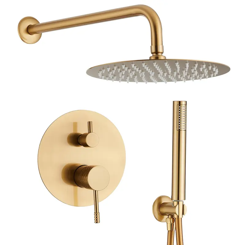 Ducha empotrada monomando a pared redonda con maneta luxury y rociador de 20 cm en dorado cepillado Ofin de Valaz