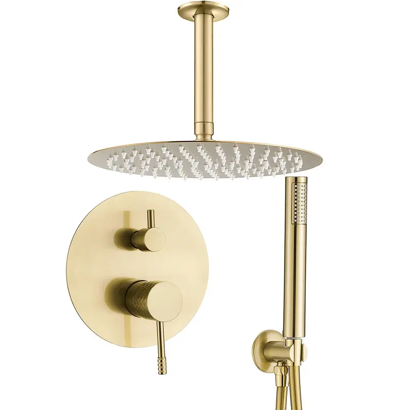 Ducha empotrada monomando a techo redonda con maneta luxury y rociador de 30 cm en dorado cepillado Ofin de Valaz
