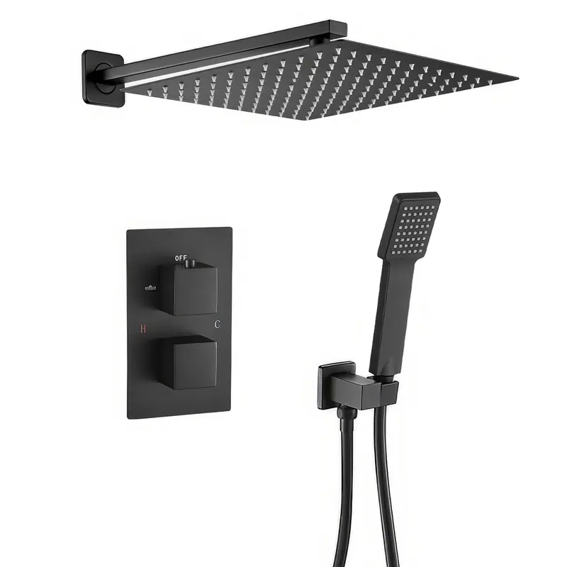 Ducha empotrada termostática a pared cuadrada con rociador de 20 cm en negro mate Eresma de Valaz