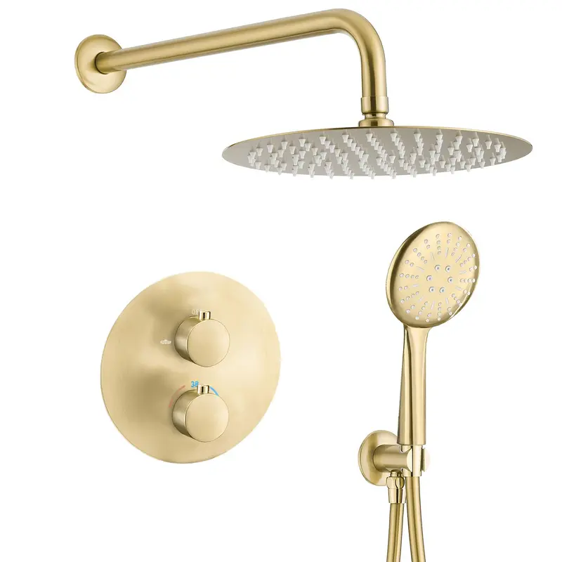 Ducha empotrada termostática a pared redonda con rociador de 20 cm en dorado cepillado Cabriel de Valaz