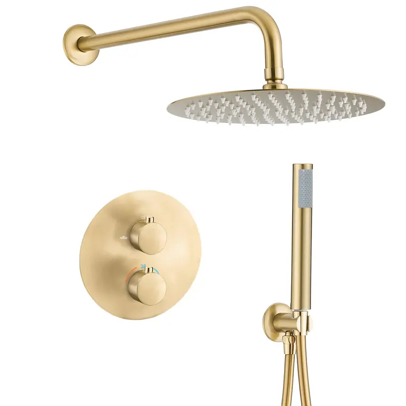 Ducha empotrada termostática a pared redonda con rociador de 20 cm en oro mate y PVD Júcar de Valaz