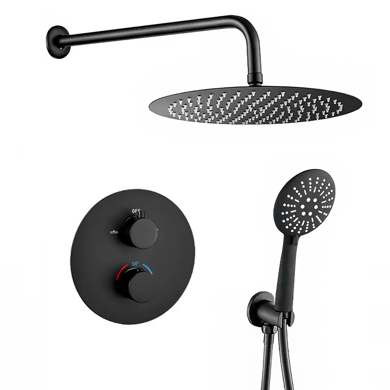 Ducha empotrada termostática a pared redonda con rociador de 30 cm en negro mate Cabriel de Valaz