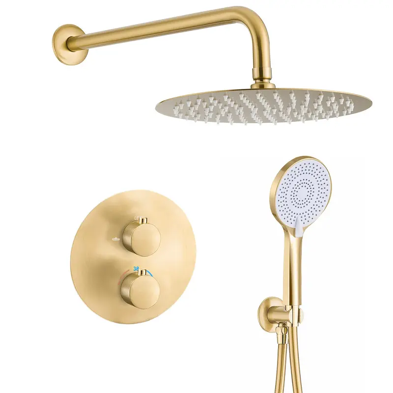 Ducha empotrada termostática a pared redonda con rociador de 30 cm en oro mate y PVD Cabriel de Valaz