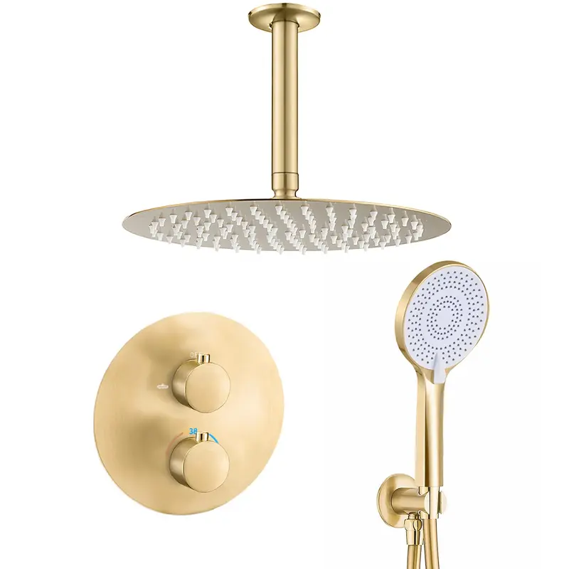 Ducha empotrada termostática a techo redonda con rociador de 25 cm en oro mate y PVD Cabriel de Valaz