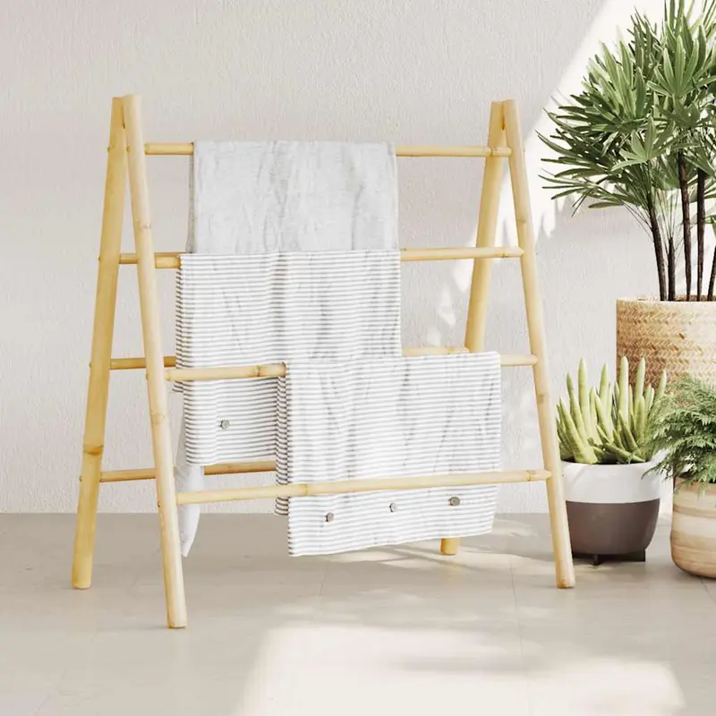 Escalera toallero doble con 4 peldaños bambú 90x50x100 cm