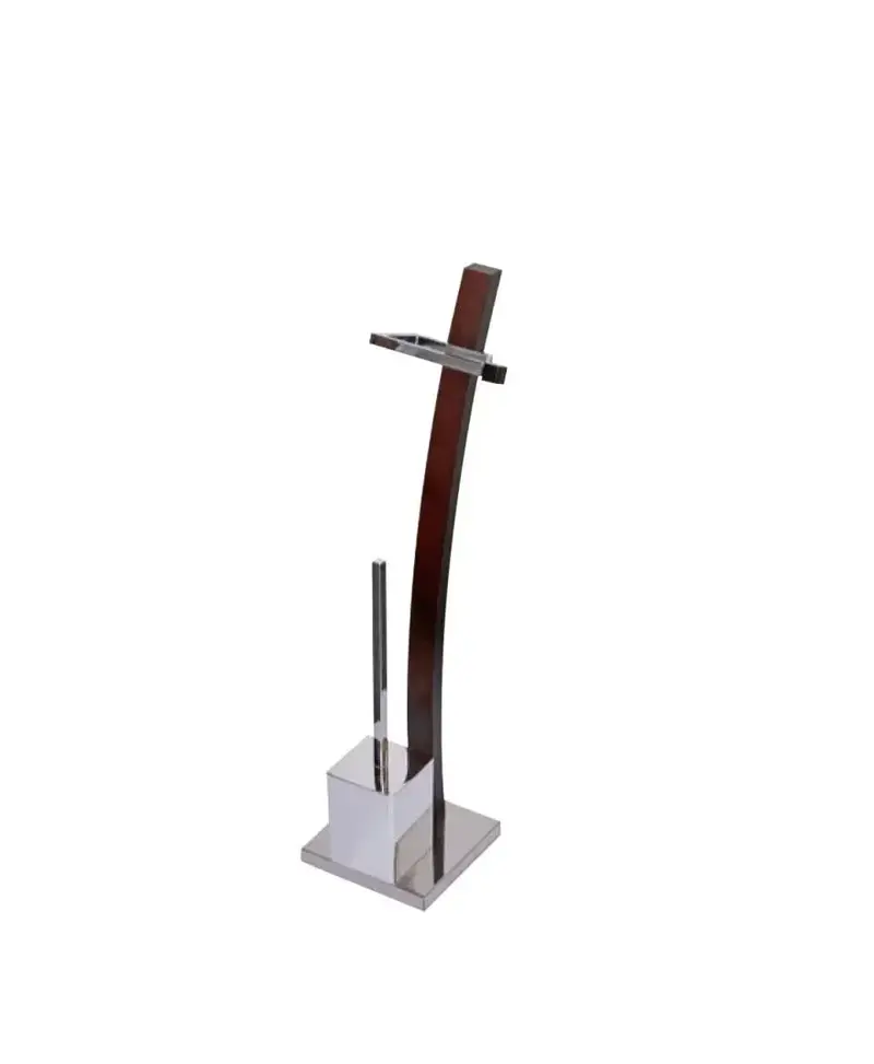 Escobillero de pie con portarrollos de metal en acabado cromado y wengué de diseño moderno de Aquore