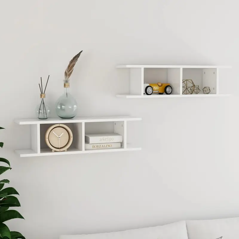 Estante de pared 2 uds contrachapada blanco brillo 75x18x20 cm