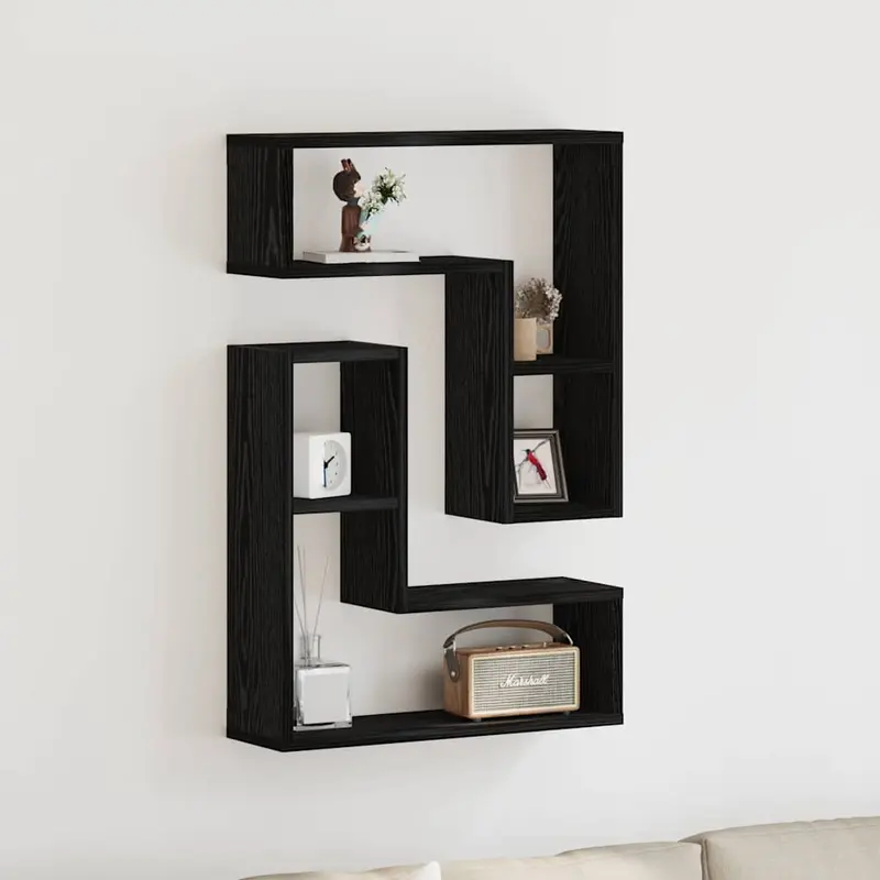Estante de pared con estante 2 pcs Roble Negro 50 x 15 x 85 cm