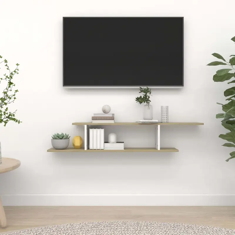 Estante de pared de TV contrachapado blanco y roble 125x18x23cm