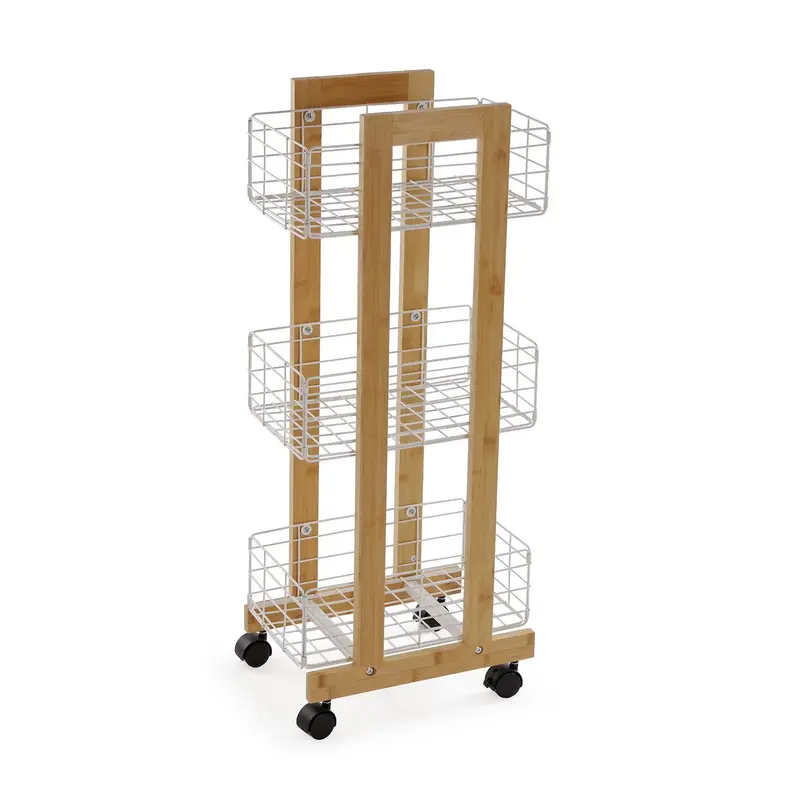 ESTANTERIA RECTANGULAR BAMBU CON 3 CESTAS BLANCAS