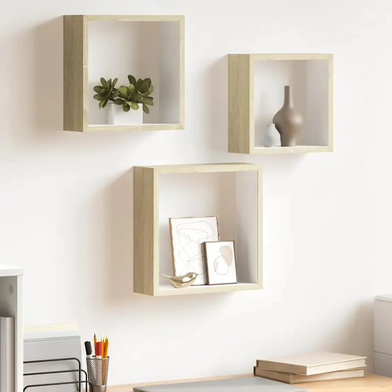 Estantes cubo de pared 3 unidades blanco y roble Sonoma