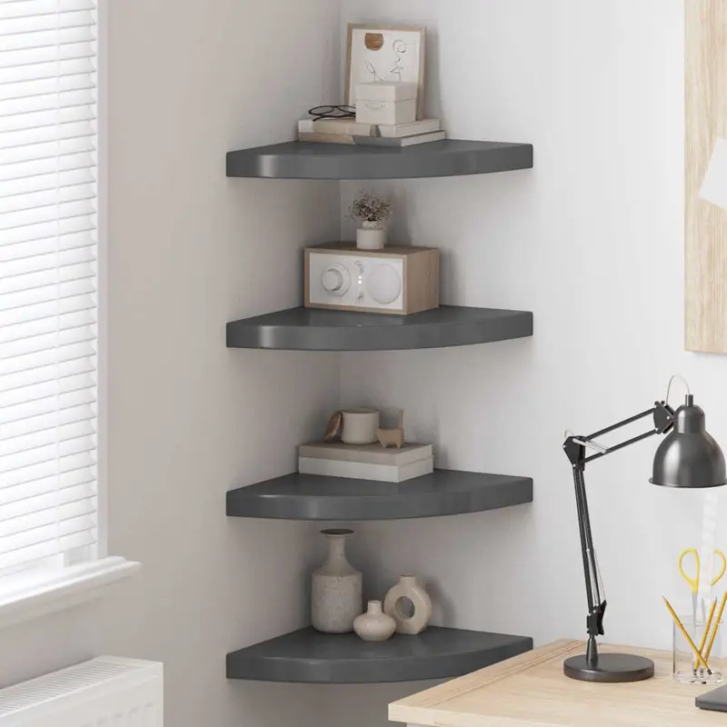 Estantes flotantes esquina 4 uds MDF gris brillo 35x35x3,8 cm